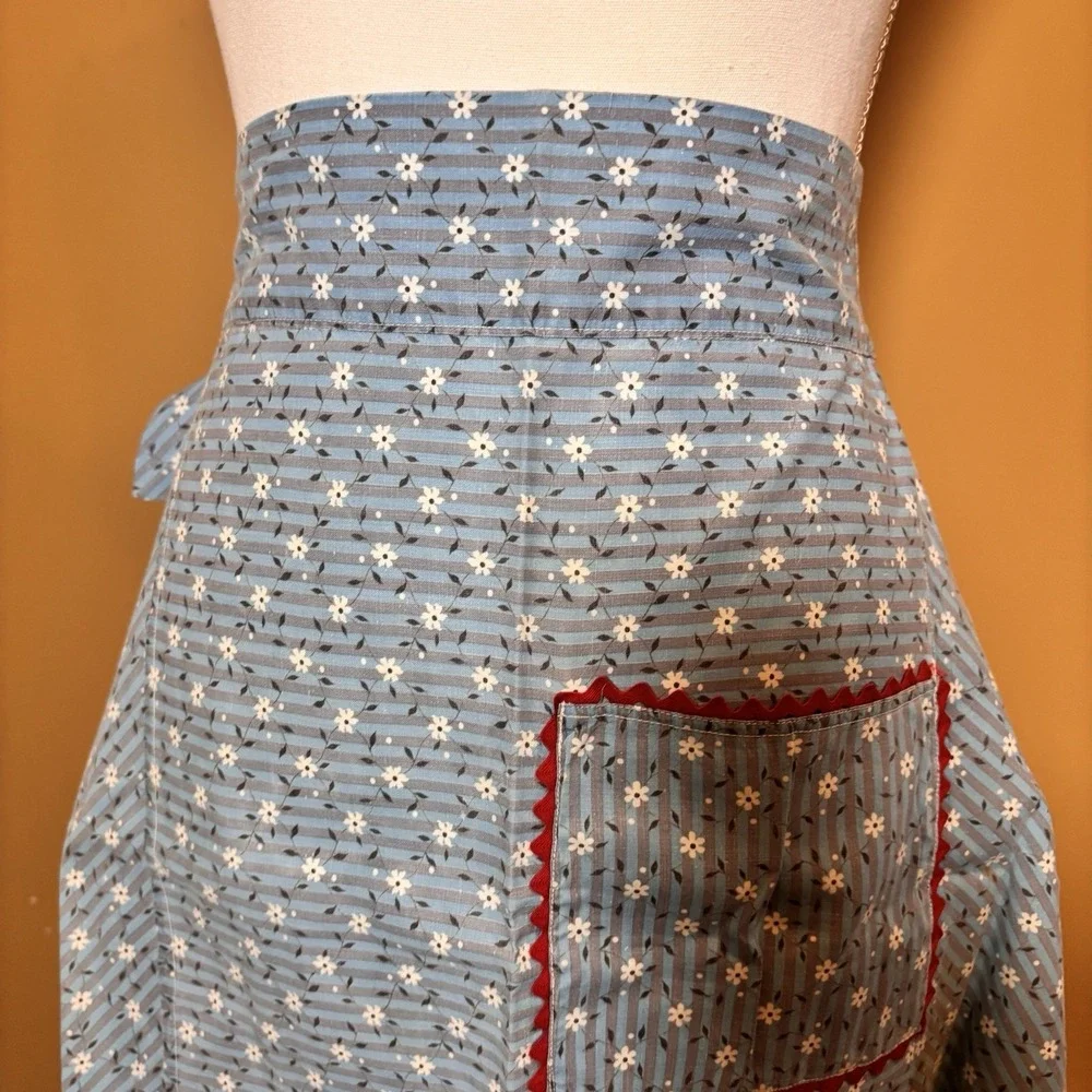 Vintage Handmade Blue Floral Half Apron Red Ric Rac Pocket Ruffle Cottagecore